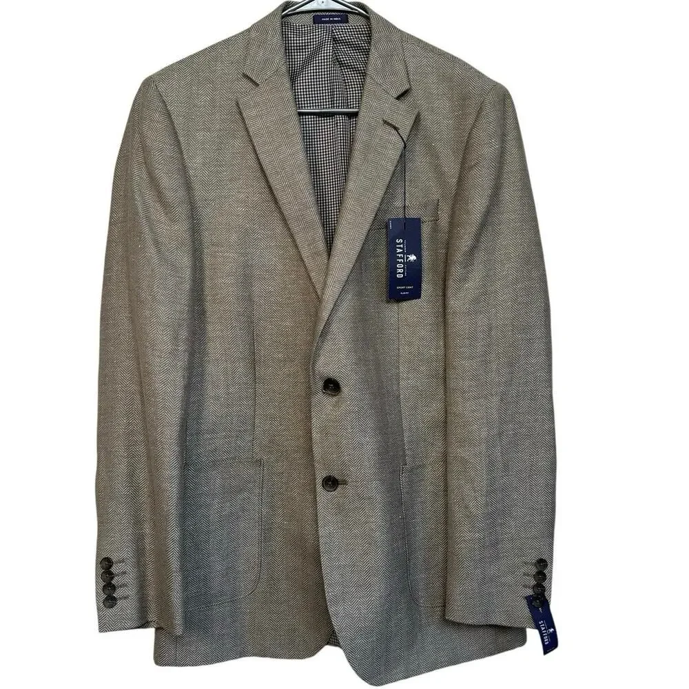 Stafford Men’s Taupe Herringbone Slim Fit Linen Wool Sports Coat Blazer Size 40L